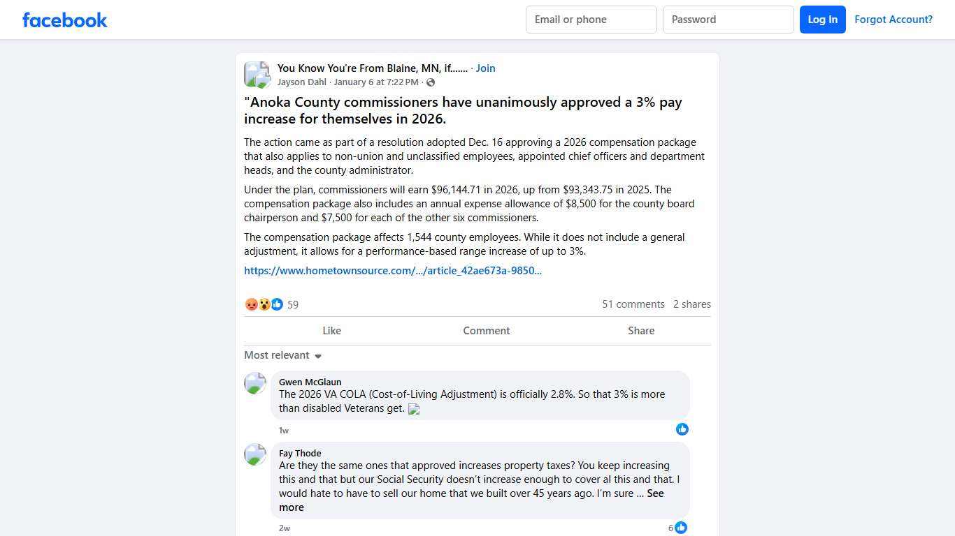 You Know You're From Blaine, MN, if....... "Anoka County commissioners have unanimously approved a 3% pay increase for themselves in 2026 Facebook
